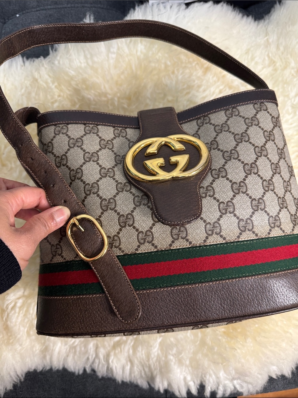 Gucci Brown Monogram Shoulder Bag with Red & Green Stripe
